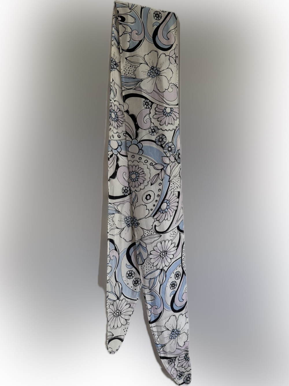 SILK SCARF Long RIBBON TIE Paisley Blue Lilac Black White Swirl Daisy 66”x5.5”